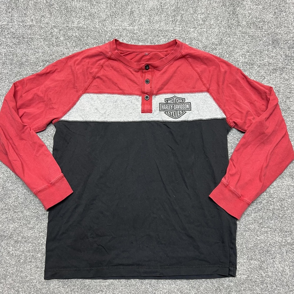 Harley-Davidson Henley Shirt Mens Large Red Black Colorblock Long Sleeve Tee